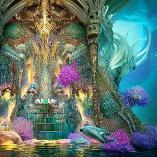 Image similar to unreal engine, octane render, intricate detail, maximalist, gilbert williams portrait of a crystal temple in atlantis, iridescent dolphins swimming in the sea, unicorn flying in the sky, paleozoic atlantis