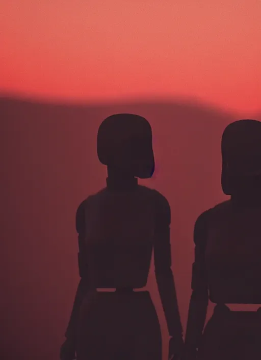 Image similar to cinestill 5 0 d photographic portrait of two loving female androids wearing rugged black cutout waist techwear on a desolate plain with a red sky, extreme closeup, modern cyberpunk, dust storm, 8 k, hd, high resolution, 3 5 mm, f / 3 2, ultra realistic faces, ex machina, blade runner