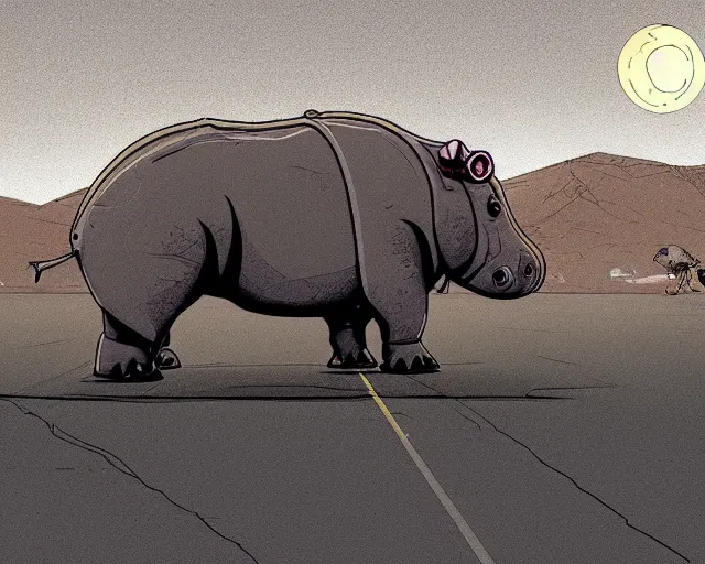 Image similar to a study of cell shaded cartoon of a mechanical hippo on a desert road, in front of a big moon illustration, wide shot, subtle colors, post grunge, concept art by josan gonzales and wlop, david rubin, mike mignola, laurie greasley, highly detailed, sharp focus, trending on artstation, hq, deviantart, art by artgem