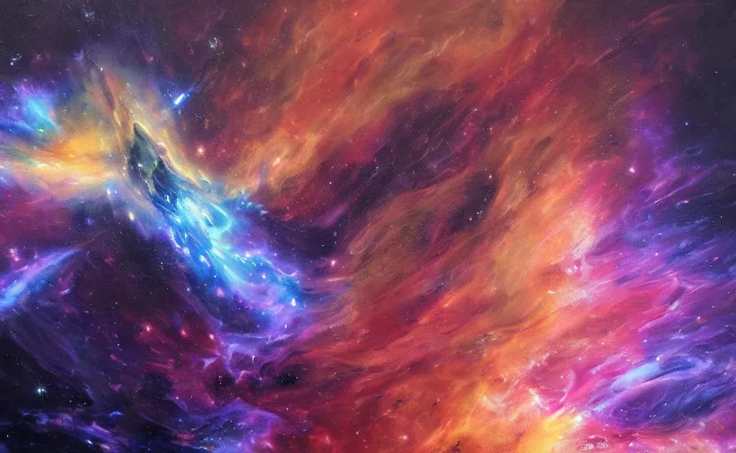 Prompt: an abstract oil painting of an unbelievably beautiful space nebula; hyper-detailed; an extraordinary masterpiece!!!; flawless; trending on artstation