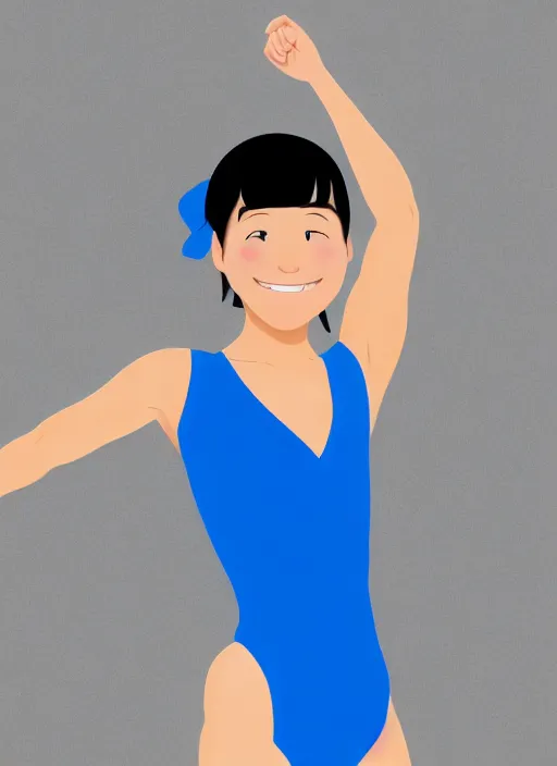 Image similar to a perfect professional digital sketch of a funny and cute Japanese young woman wearing one-piece sport swimsuit leotard, in style of Disney Pixar, CalArts