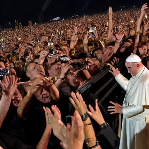 Prompt: photo of the pope in the mosh pit at a Nine Inch Nails concert