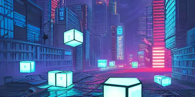 Prompt: large glowing cubes floating in the middle of a cyberpunk tokyo 2 0 9 9 city, in the art style of dan mumford and marc simonetii, atmospheric lighting, intricate, volumetric lighting, beautiful, sharp focus, ultra detailed