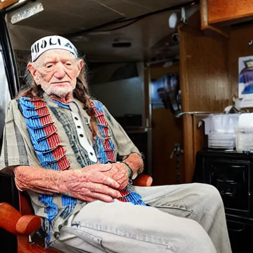 Image similar to willie nelson having a smoke in his trailer.