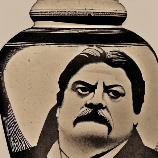 Prompt: antiques roadshow still of an ancient greek vase depicting ron swanson