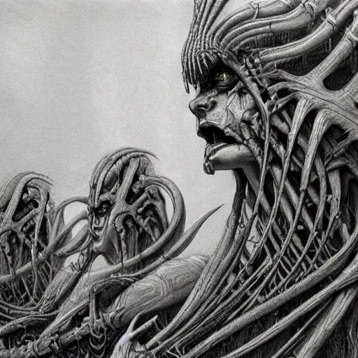 Image similar to mythological gorgon and the furies 8 k resolution photorealistic concept art by hr giger, gustav dore beksinski and guerlmo del toro.