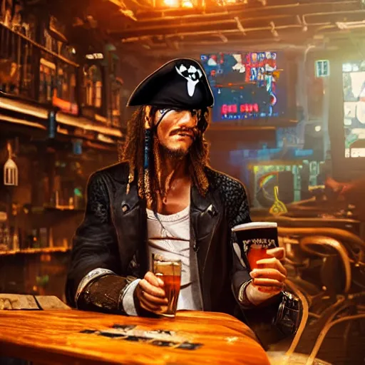 Prompt: a high quality portrait of a beautiful pirate in a cyberpunk cyberpunk cyberpunk cafe, realism, 8k, award winning photo