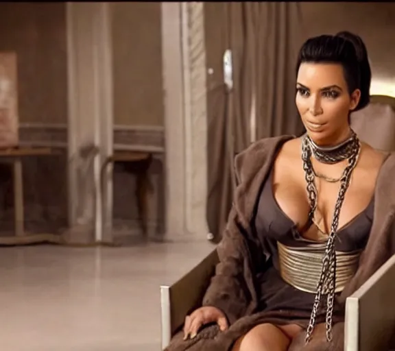 Image similar to a movie still of kim kardashian as a handcuffed prisoner with a chain around her neck bonded to a chair in the movie star wars