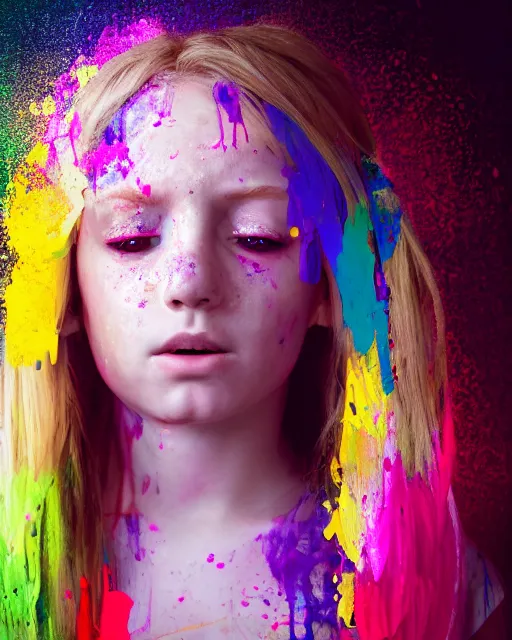 Image similar to portrait photograph of a beautiful young girl with long blonde hair wearing a white t-shir. she is crying tears of flowing exploding colors, she looks sad, distraught. paint splatte, colorful tears, crayon tears, upset, pitiful, cinematic lighting, 4k, focused, photo realistic, highly detailed, 3d rendered