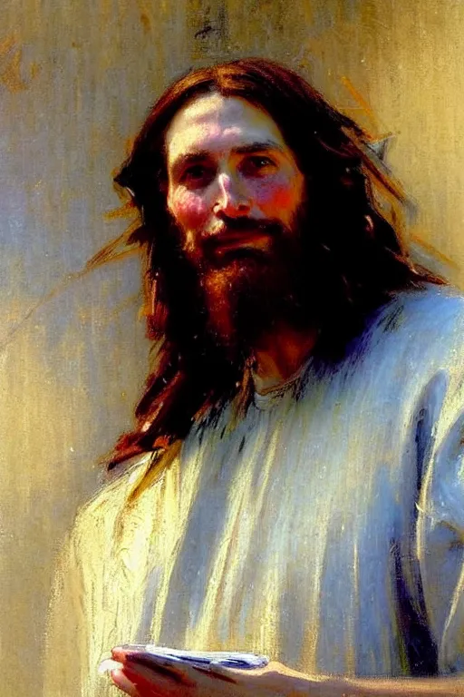 Image similar to impressionist brushstrokes!!!!!!!!! solomon joseph solomon and richard schmid and jeremy lipking victorian loose genre loose painting full length portrait painting of jesus with a slight smile happy inviting