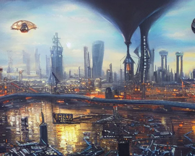 Prompt: oil painting of a big steampunk zeppelin over cyberpunk london, futuristic watchtower, view from far away, dark vibes, very serous painting, majestice masterpiece, tonalism