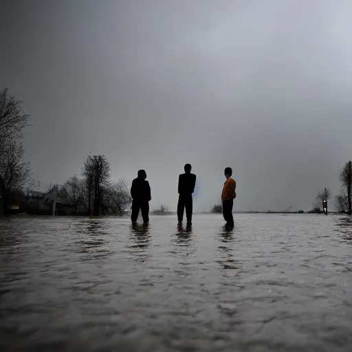 Image similar to the silhouette of 4 people standing in front of a small german town that's being flooded, stormy weather, moody lighting, medium full shot