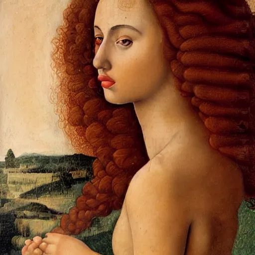 Image similar to a detailed profile portrait oil painting of a very young italian woman resembling scarlett johansson and ana de armas, in the style of boticelli's young woman in mythological guise, by boticelli and davinci