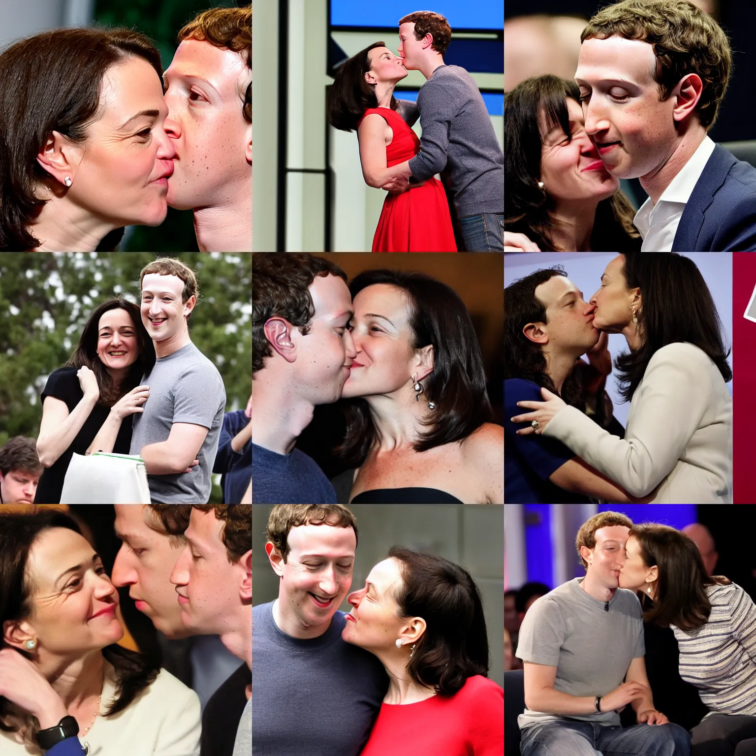 Prompt: Sheryl Sandberg and Mark Zuckerberg kissing