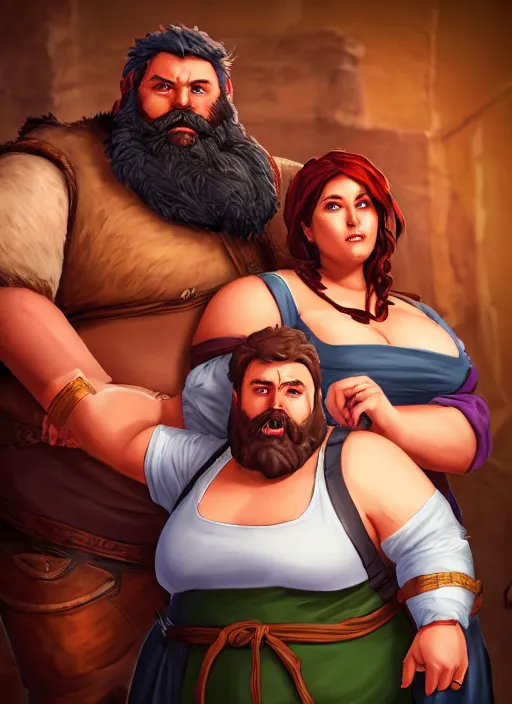 Image similar to an epic fantasy comic book style portrait painting of a hearty man with a big belly and thick beard and large woman who are a couple in a tavern with them both wearing aprons, unreal 5, daz, hyperrealistic, octane render, cosplay, rpg portrait, dynamic lighting