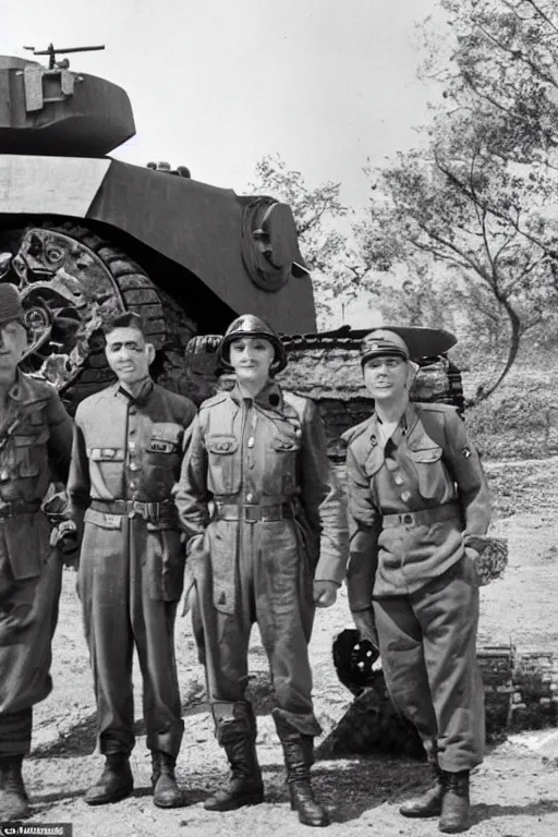 Image similar to A man in power armor stands next to World War II soldiers in a general photo near a tank, old photo, realism, attention to detail