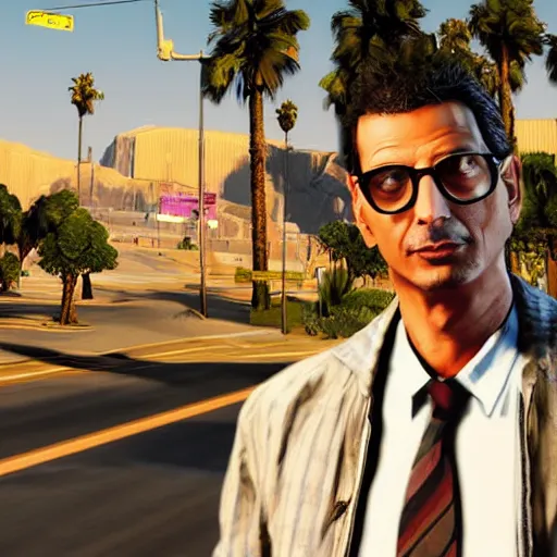 Image similar to Jeff Goldblum in GTA v. Los Santos in the background, palm trees. In the art style of Stephen Bliss