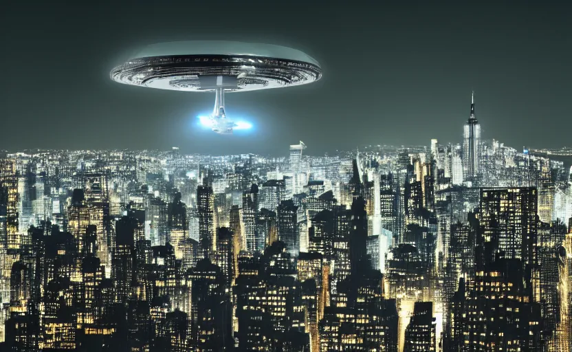 Image similar to a spaceship designed by peter schreyer flying over NYC in style of blade runner, 8K