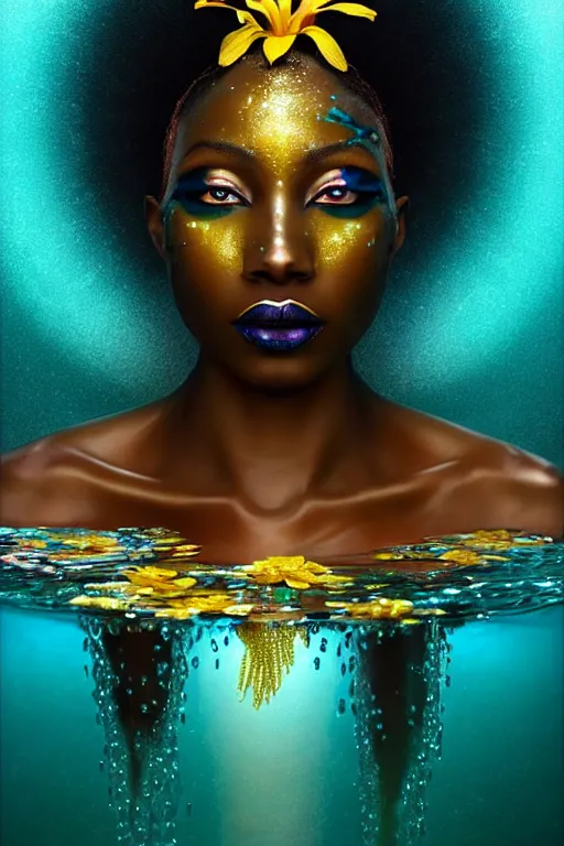 Image similar to hyperrealistic magic realism cinematic very beautiful! black oshun goddess with white! iris, in water, yoruba body paint, mirror dripping droplet!, gold flowers, highly detailed face, digital art masterpiece, smooth robert steven connett eric zener dramatic teal light, ground angle uhd 8 k, sharp focus