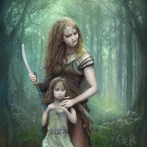 Image similar to portrait of sensual girl warrior and her daughter in a magical forest by leesha hannigan, fantasy, artwork, digital art, epic, highly detailed faces