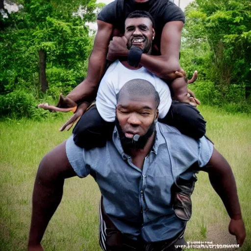 Image similar to a little black person rides on the shoulder's of a huge 7 ft tall 5 0 0 pound black man. hyperreal - h 6 4 0