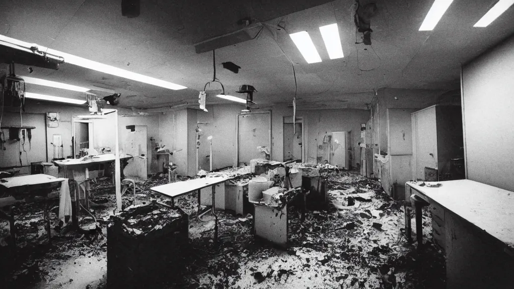 Prompt: 1986 photograph of interior view of a filthy, disused surgical room in a cursed hospital, night, illuminated by flashlight only, unsanitary, dirty, contaminated, liminal, 35mm photo, Fujifilm. Highly detailed, photographic, realistic, dramatic, cinematic