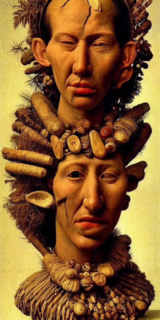 Image similar to very very beautiful portrait photo of 3d face made from primitive objects, Perfect face, extremely high details, realistic, by Giuseppe Arcimboldo, Edward Hopper, Rene Margitte,