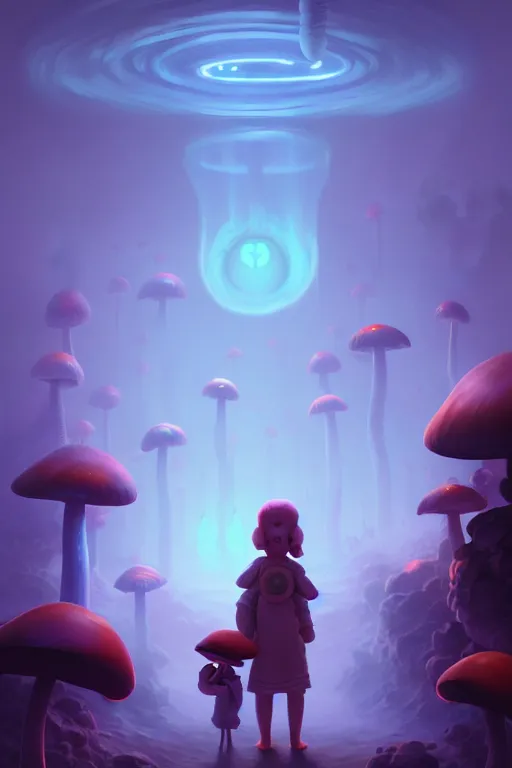 Image similar to Bioluminescent the mushroom city concept, soft light, soft mood, realistic body features and face, illustration, painting oil on canvas by Elena Zhurikhina and Goro Fujita and Charlie Bowater and Victor Mosquera, octane render trending on artstation, 4k, 8k, HD