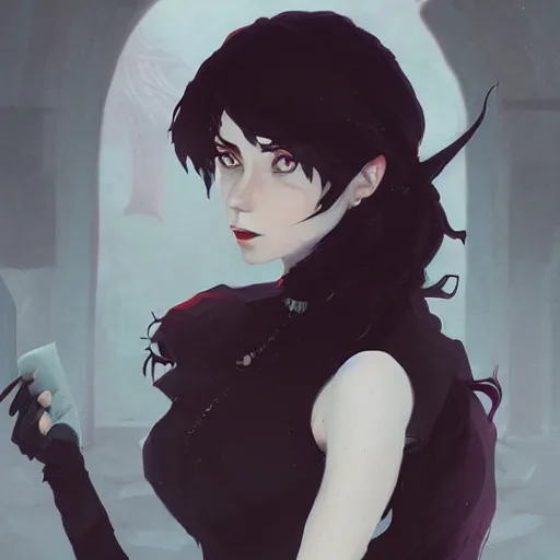 Image similar to female human vampire witch in the style of greg rutkowski, makoto shinkai, trending on artstation, character design, concept art, pretty face, highly detailed, long black hair, portrait, digital art