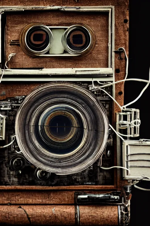 Prompt: A photo of a very old opened camera with film, vacuum tubes, capacitors and coils inside by Annie Lebovitz and Steve McCurry, grungy, weathered Ultra detailed, hyper realistic, 4k