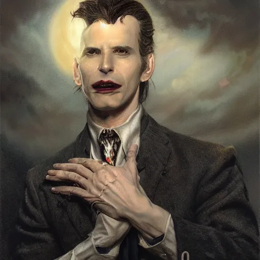 Image similar to portrait of a vampire in the darkness, detailed, centered, digital painting, artstation, concept art, donato giancola, Joseph Christian Leyendecker, WLOP, Boris Vallejo, Annie Leibovitz and Steve McCurry, David Lazar, Jimmy Nelsson, Breathtaking, 8k resolution, extremely detailed, beautiful, establishing shot, artistic, hyperrealistic, beautiful face, octane render