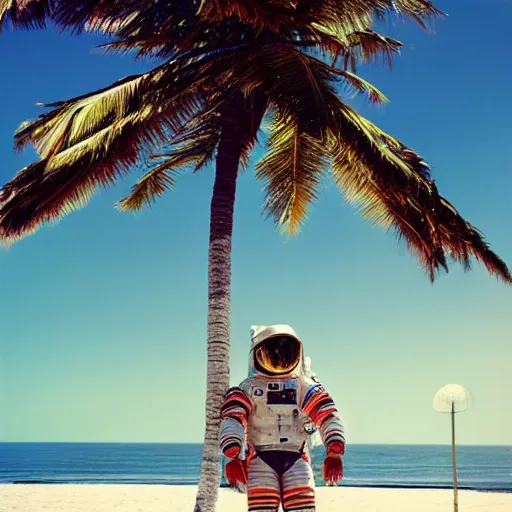 Image similar to a beautiful photo of an astronaut on the beach under a palm tree, summer sun, 1 9 7 0, soft light, morning light, photorealistic, realistic, octane, 8 k, cinematic shot