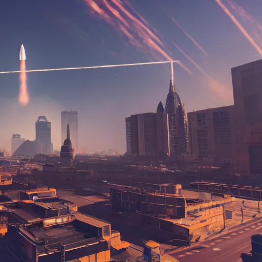 Prompt: SPACE INVADERS game as a city, bustling, rockets, atmospheric, hazy, sweltering, highly detailed, autochrome, 8k, reflections, octane render, unreal engine 5, art by Cézanne