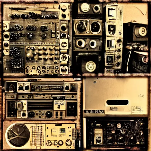 Prompt: “Collage of Old broken steampunk synthesizers with keyboard and audio meters. Lots of wires. Close-up. Scratched and torn old photographs”