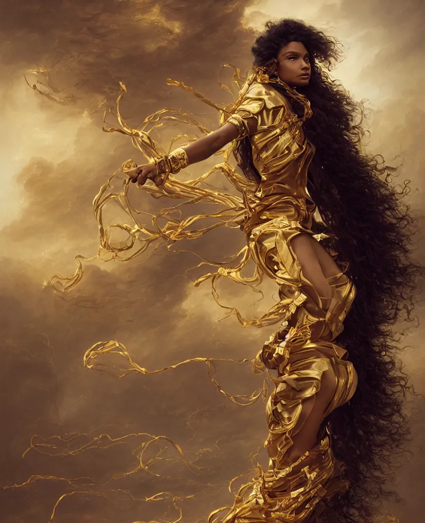 Prompt: a brown skinned female demon hunter with long dark curly hair and a futuristic uniform, windy, golden ribbons, stoic, modern, shes alone, maximalist fashion, hyperdetailed, dramatic, epic painting, painted by jean honore fragonard and greg rutkowski, full body, octane render, sharpness, 8 k, golden ratio