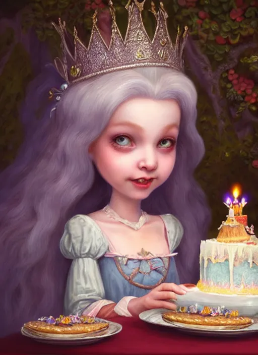 Image similar to highly detailed closeup portrait of a grinning fairytale medieval princess eating birthday cake, unreal engine, nicoletta ceccoli, mark ryden, lostfish, earl norem, global illumination, god rays, detailed and intricate environment