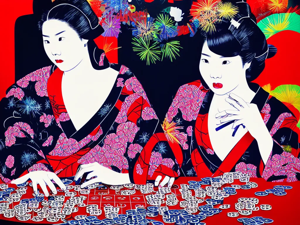 Image similar to hyperrealistic composition of the detailed woman in a japanese kimono sitting at a extremely detailed poker table with detailed darth vader, fireworks, mount fuji on the background, pop - art style, jacky tsai style, andy warhol style, acrylic on canvas