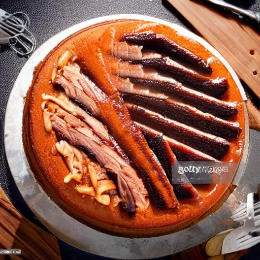 Prompt: delicious cake made out of BBQ meats, hyperrealistic, stock photo