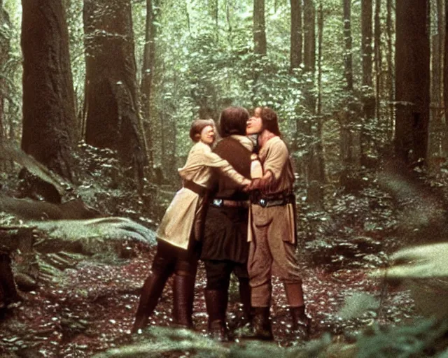 Image similar to luke skywalker, princess leia and han solo hugging and kissing in the forest of endor at the end of return of the jedi, faster, more intense, dolby stereo