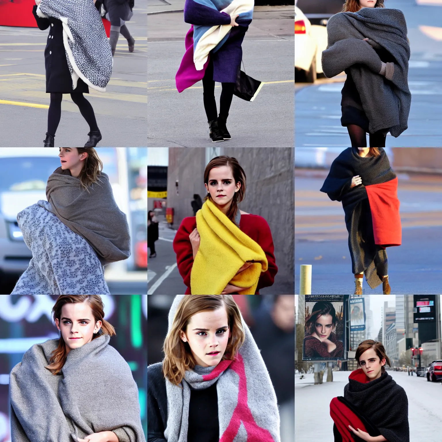 Prompt: cold emma watson clutching blanky, billboard