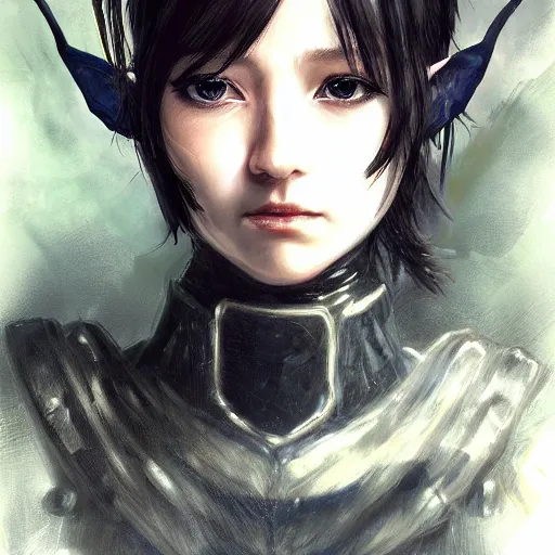 Image similar to portrait of an elf girl by ayami kojima, she is about 2 0 years old, mixture between british and japanese, black bob hair, and she is wearing a modern tactical gear, scifi, highly detailed portrait, digital painting, artstation, concept art, smooth, sharp foccus ilustration, artstation hq