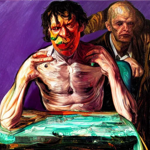 Image similar to high quality high detail expressionist painting of a man in agony by lucian freud and jenny saville and francis bacon and francisco goya and edvard munch, hd, anxiety, seated at table crying and screaming, turquoise and purple and orange and pink