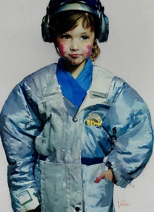 Image similar to a copic maker portrait of an student girl wearing a pilot suit with a puffy kimono coat by john berkey norman rockwell