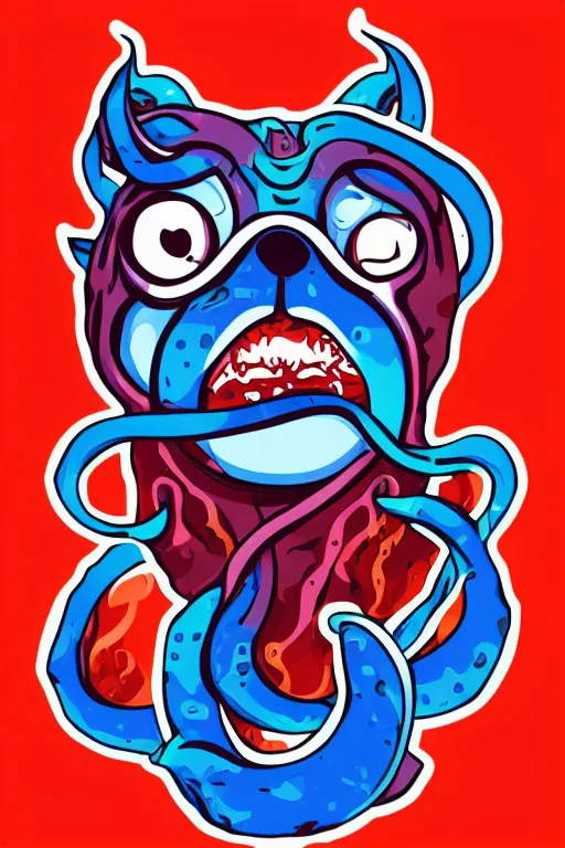 Image similar to Pug with tentacles, the devil, sticker, blood thirsty, spawn of Satan, burning in hell, blood, evil, colorful, illustration, highly detailed, simple, smooth and clean vector curves, no jagged lines, vector art, smooth