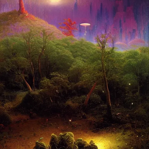 Image similar to A lovely picture of an alien landscape with mycelium aliens by John Berkey, by George Inness, by john Harris, forest made out of mushroom, purple and red and white gradient colour theme, trending on DeviantArt, rendered in blender, 8k resolution, Mountains