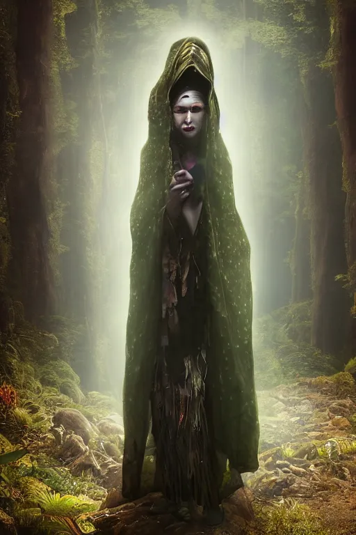 Image similar to magical realism futuristic shaman, cloak, spirit animal, ultradetailed, volumetric lighting, 4k UHD.