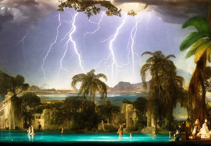 Prompt: Palace of the chalice, refracted sparkles, thunderstorm, greek pool, beach and Tropical vegetation on the background major arcana sky, by paul delaroche, hyperrealistic 4k uhd, award-winning, very very very detailed