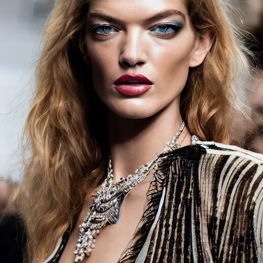 Prompt: A beautiful portrait of Martha Hunt as a model at Chanel fashion show as a model Spring/Summer 2018, highly detailed, in the style of cinematic, Milan fashion week backstage, Extreme close up, Makeup by Pat McGrath, Hair by Guido Palau, Greg rutkowski