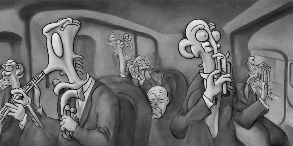 Image similar to squidward playing the clarinet on the new york subway, surrealism aesthetic, detailed facial expressions