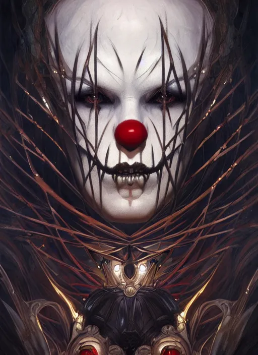 Image similar to symmetry!! portrait of giant clown monster, gothic, dark, intricate, elegant, highly detailed, digital painting, artstation, concept art, smooth, sharp focus, illustration, art by artgerm and greg rutkowski and alphonse mucha